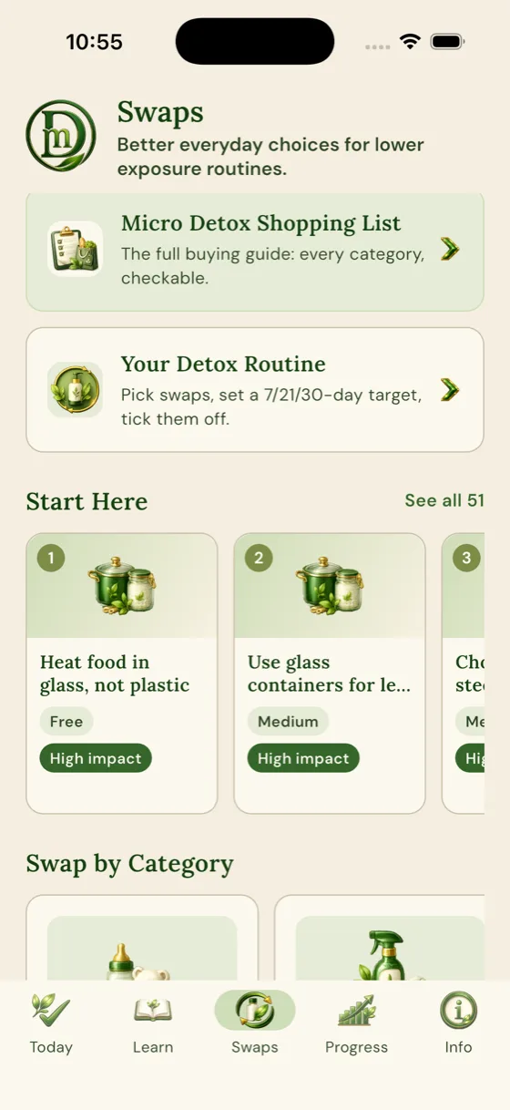 The Swaps screen, showing the shopping list, Your Detox Routine, and the Start Here swaps.