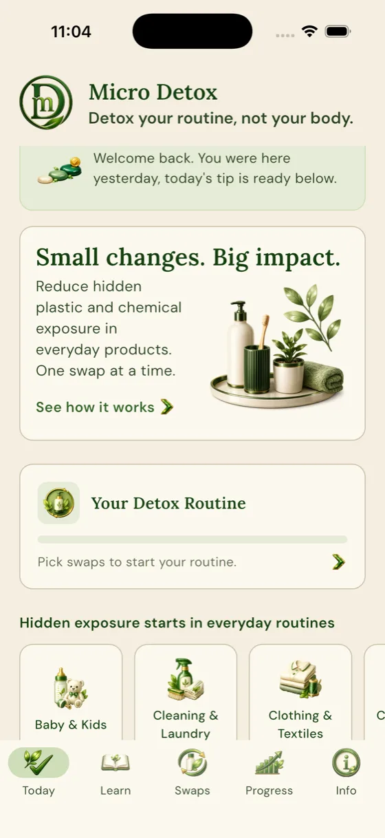 The Today screen, showing the tagline, a welcome note, Your Detox Routine, and the everyday exposure categories.